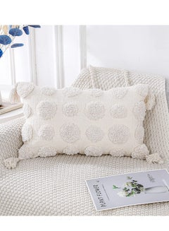 Buy 1 PCS Pillow Covers of White Tufted Throw, with Tassel 12x20 inch, Soft Cream Chenille Decorative Lumbar Cushion Case Pillowcase for Couch Sofa Bedroom Living Room Farmhouse in UAE