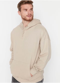 Buy Beige Oversize/Wide Cut Basic Hooded Sweatshirt with Fleece Inside TMNAW23SW00195 in Egypt