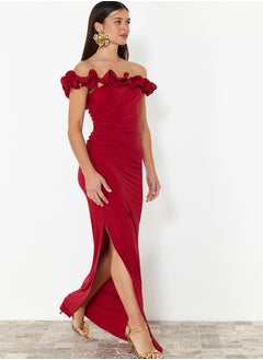 اشتري Red Fitted Knitted Long Evening Dress TPRSS24AE00082 في مصر