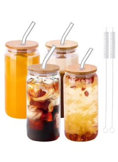 Buy Tycom Drinking Glasses with Bamboo Lids and Glass Straw, 500ml Beer Can Shaped Glass Cups, Tumbler Cup Ideal For Beer, Tea, Soda, Iced Coffee (4pc, 500ml) in UAE