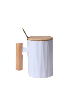 Buy Ceramic Coffee Mug With Wooden Lid, Gift Mug, White in UAE