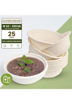 Buy Ecoway Compostable Heavy Duty Made Of Bagasse Cane Fibers - [12 Ounce - 350 Ml, Pack Of 25] Disposable Bowls Eco-Friendly Biodegradable Perfect For Salad, Soup, Dessert, Hot or Cold Use, White in UAE