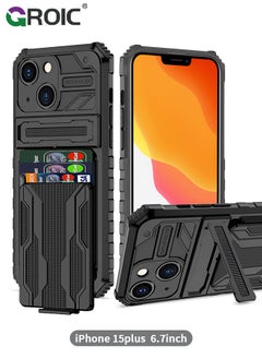 اشتري Compatible with iPhone 15 Plus Black Case with Wallet Card Holder, Built-in Stand & Screen Protectors, Full Body Shockproof Protection Phone Case for iPhone 15 Plus في الامارات