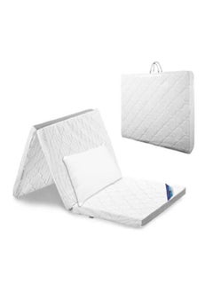 Buy Single Heavy Duty Medicated Floral White Quilted Portable Tri-Fold Mattress In Storage Bag With Press Micro Fiber Pillow 180x90x7 cm in UAE