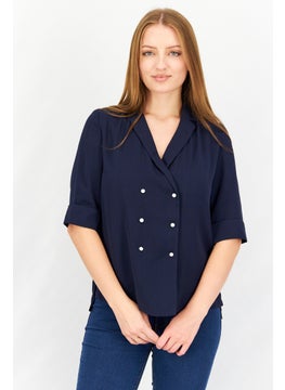 Buy Women V-Neck Short Sleeves Plain Blouse, Navy Blue in UAE