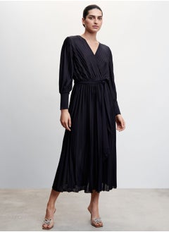 Buy Surplice Neck Belted Pleated Dress in UAE