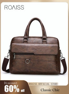 Buy Business Messenger Bag Briefcase PU Leather Retro Chic 14 Inch Laptop Handbag Casual Crossbody/Shoulder Bag for Men Travel Work Office Dark Brown in UAE