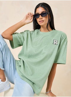 اشتري Oversized Ribbed Round Neck Badge Detail T-Shirt في السعودية