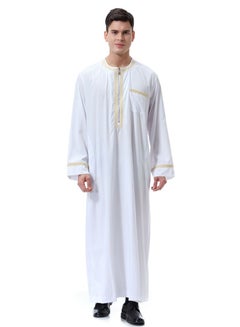 اشتري Mens Jacquard Muslim Clothing Long Sleeve Kaftan Robe With Pockets And Zipper Islamic Arabic Abaya Clothes White في السعودية