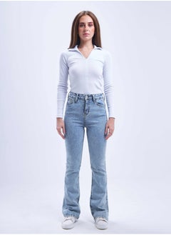 Buy High-Waist Light Acid Wash Flared Jeans. in Saudi Arabia