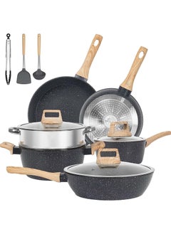 Buy 12 Pcs Kitchen Cookware Sets, Pots and Pans Set Non Stick, Induction Cookware Granite Cooking Set with Frying Pans, Saucepans, Steamer Silicone Shovel Spoon & Tongs in UAE