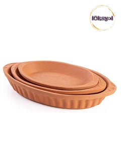 اشتري Luksyol Handmade Terracotta Oval Tray (WH) Set for Cooking - Mexican Indian Korean Dishes, Unglazed Clay Pan, Cookware, Oven Pot, Handles - 3 Pcs - Authentic Traditional Earthenware في الامارات