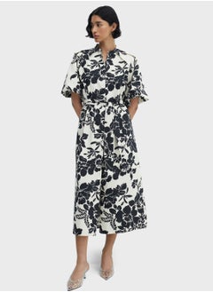 Buy Floral Print Balloon Sleeve Tie Detailed Dress in UAE