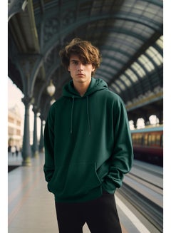 Buy Green Men's Oversize Basic Crew Neck Long Sleeve Hooded Sweatshirt with Soft Pillows. in Egypt