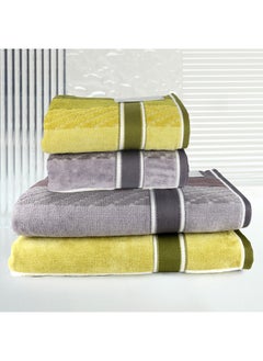 اشتري 4 Piece Bathroom Towel Set ZICZAC 500 GSM 100% Cotton Velour 2 Bath Towel 70X140 cm & 2 Hand Towel 50x90 cm Grey & Green Color Modern Stripe Design Luxury Touch Extra Absorbent في الامارات