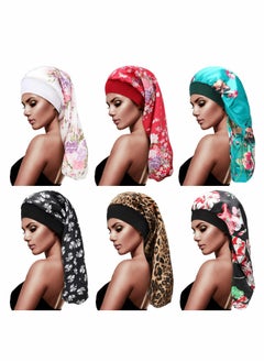 Buy Extra Large Satin Sleep Cap Set for Women and Girls, Elastic Band Night Hat for Long Curly Hair, Braids, and Dreadlocks - 6 Pieces Silky Hair Protection in UAE