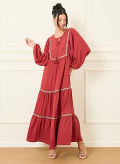 Buy Embroidered Lace Detail Tie Up Neck Tiered Maxi Dress in Saudi Arabia