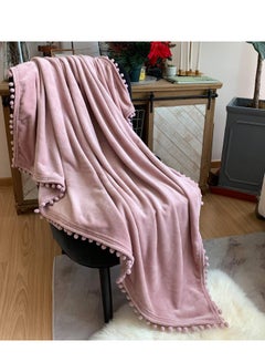 Buy Flannel Blanket with Pompom Fringe Lightweight Cozy Bed Blanket Soft Throw Blanket fit Couch Sofa Suitable for All Season (130x150 CM) (Pink) in Saudi Arabia