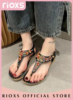 Buy Women's Fashion Summer Bohemian Sandals Comfort Fashion Ankle Strap Slip Ons Flats Non-Slip Soft Sole Beach Sandals in UAE