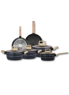 اشتري Auroware 10 Piece Non Stick Cookware Set Forged Aluminium Wooden Finish Frying pan Casserole with Lid Sauce pan with Lid PFOA Free في الامارات