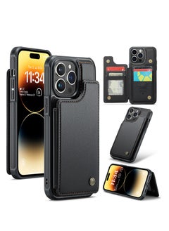 Buy Wallet Case for Apple iPhone 14 Pro Max, Premium Handmade Durable PU Leather Slim Shockproof Case with [Double Magnetic Clasp] [Card Holder] [Kickstand] [RFID Blocking] (Black) in UAE