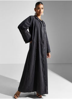 Buy Embellished Flared Sleeve Black Abaya With Sheila in UAE