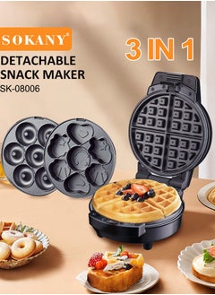 Buy 3-IN-1 Waffle Maker,Non-Stick Multi Snacks Maker with WaffleDonut/Cartoon Cake, Detachable Plates 800 SK-08006 Black/Silver in UAE