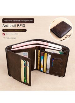 Buy Portable Business Men's Genuine Leather Anti-theft Brush Ultra-thin Multi-card Slot Short Wallet Wallet wallet Brown in UAE