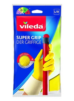 Buy Vileda Super Grip Reusable Gloves L, Flexible, Waterproof Rubber Latex, Tear-Proof, Excellent Grip, Large Size, Yellow (1 Pair Per Pack) in UAE