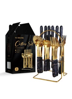 Buy 24-Piece Stainless Steel Cutlery Set With Stand Gold/Black in UAE