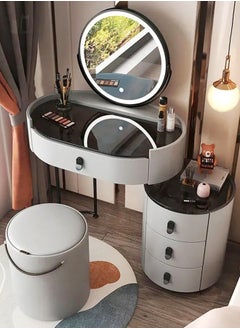 Buy Set of 2 Multifunction Modern Luxury Design Dressing Table Tempered Glass Tabletop Vanity Dresser Rotatable Tri Color LED Vanity Mirror Table with 4 Drawers and Comfortable Soft Seat Vanity Stool (Fully Assembled) in UAE