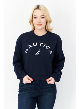 Buy Women Crew Neck Brand Logo Long Sleeves Sweatshirt, Navy Blue/Silver in UAE