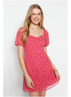 Buy Fuchsia Floral A-Cut Chiffon Lined Mini Woven Dress TWOSS23EL00512 in Egypt