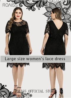 اشتري Women's Elegant Round Neck V-Back Wedding Guest Floral Lace Cocktail Party A Line Knee Length Dress Plus Size Hollow Out Short T-Shirt Dress Black في الامارات