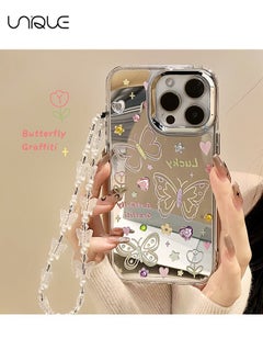 Buy Compatible with iPhone 14 Pro Max Cases, Butterfly Pattern Cases, Peach Heart Diamond Cases, Mirror Cases, TPU Drop Protection - With Lanyard in UAE