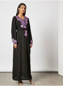 Buy Jalabiya With Floral Embroidery In Garterised Sleeves With Belt in Saudi Arabia