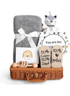 Buy Baby Shower Gifts, New Born Baby Gifts for Girls Boys, Unique Baby Gifts Basket Essential Stuff - Baby Lovey Blanket Newborn Bibs Socks Wooden Rattle & Greeting Card, Newborn Baby Gift Set in Saudi Arabia