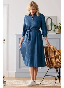 اشتري Women Chambray Casual Belted Denim Dress, Blue في الامارات