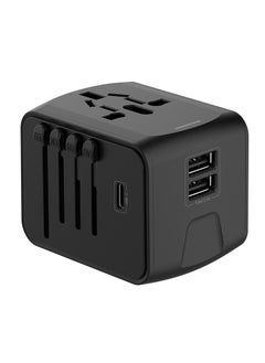 Buy Universal Travel Adapter with 2 USB, 1 USB-C, and Power Socket, Worldwide Compatibility (Black, 66x53x52mm) in UAE