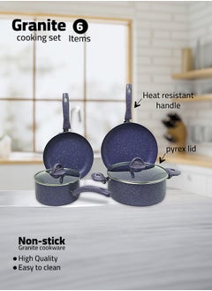 اشتري 6 Pieces Turkish Granite Cookware Set with Pyrex Lid - Blue في السعودية