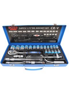 Buy 24 Pieces Socket Set 1/2" Master Drive CRV Impact Socket Set in Metal Portable Case, Includes Extension Bars, Universal Joint & Sliding T-bar for home use and professional purpose in UAE