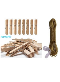 Buy 20-Pcs Wooden Clothes Pins and 20 Meter PVC Coated Steel Cloth Drying Wire Rope Clothesline,  Anti Rust Clips Bamboo Clothes Pegs and Clothesline for Laundry Cloth Drying. in UAE