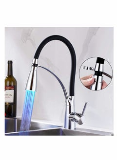 Buy LED Kitchen Sink Mixer Tap, Pull Down Spray 360 Degree Rotation Spout, with 3-Colour Temperature Display, Black Hose Single Handle Cold and Hot Water Brass Tap in UAE