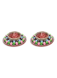 Buy 2-Piece Decor Paper Quilling Diyas with Red Rose Candles, Multicolour in UAE