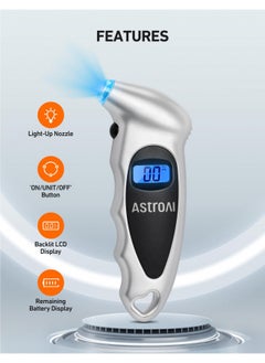 Buy Astroai Digital Tire Pressure Gauge 150 Psi 4 Settings For Car Truck Bicycle With Backlight Lcd And Non-Skid Grip Car Accessories, Silver (1 Pack) in UAE