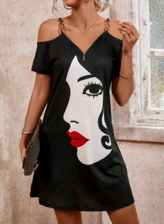 Buy Women's Off-Shoulder Short Sleeve Dress With Face Print in Egypt