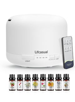 Buy 500ml Aroma Oil Diffusers Essential Oil Aromatherapy Machine Ultrasonic Humidifier With 7-Colour LED Lights, 8 Bottles of Essential Oil, White in UAE