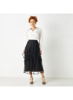 Buy 2Xtremz Tiered A-line Midi Skirt with Elasticated Waistband in UAE