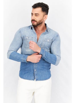 Buy Men Slim Fit Long Sleeve Two Tone Casual Shirt, Blue Wash in UAE