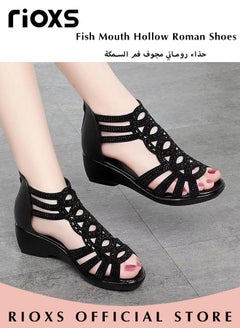 Buy Women's Fashion Rhinestone Strappy Black Sandals Fish Mouth Hollow Roman Shoes High-Top Back Zipper Sandals in UAE